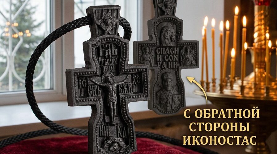 Крестик из чёрного граба иконостас с тыльной стороны. Гайтан 65 см.