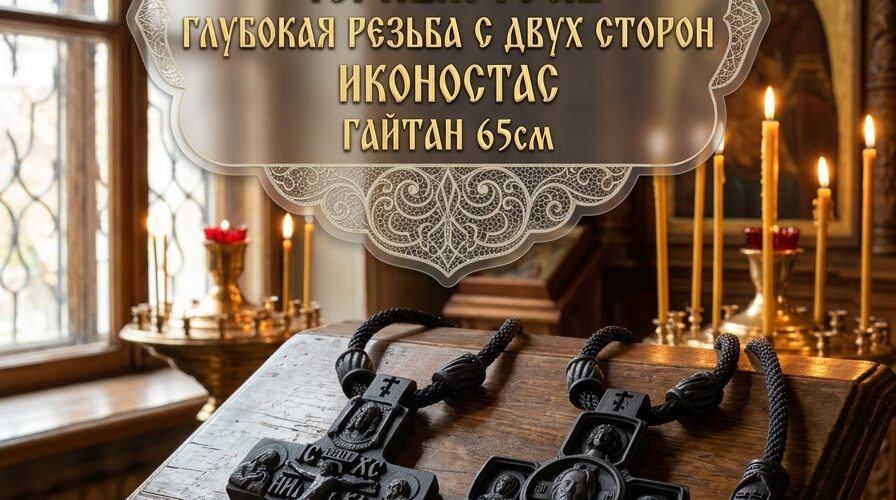 Крестик из чёрного граба с иконостасом. Гайтан 65 см.