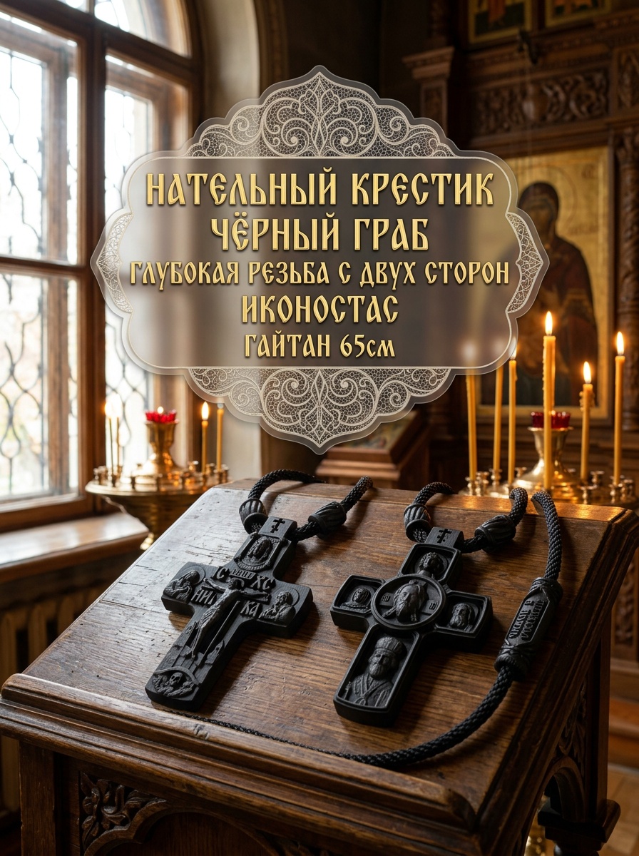 Крестик из чёрного граба с иконостасом. Гайтан 65 см.